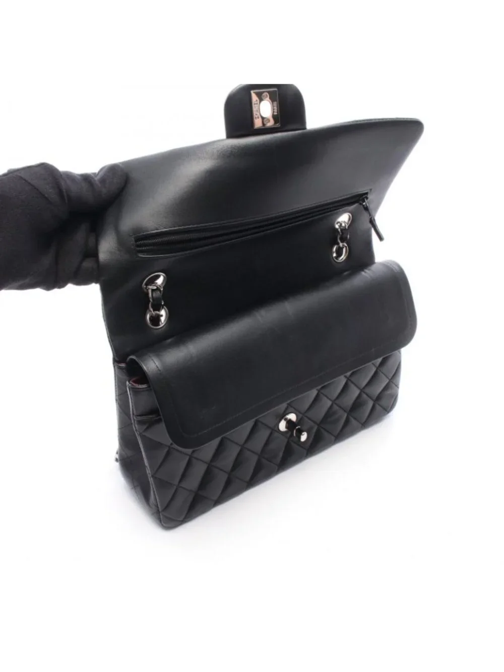 Chanel Shoulder Bag Quilted Double Flap Black Lambskin Chain